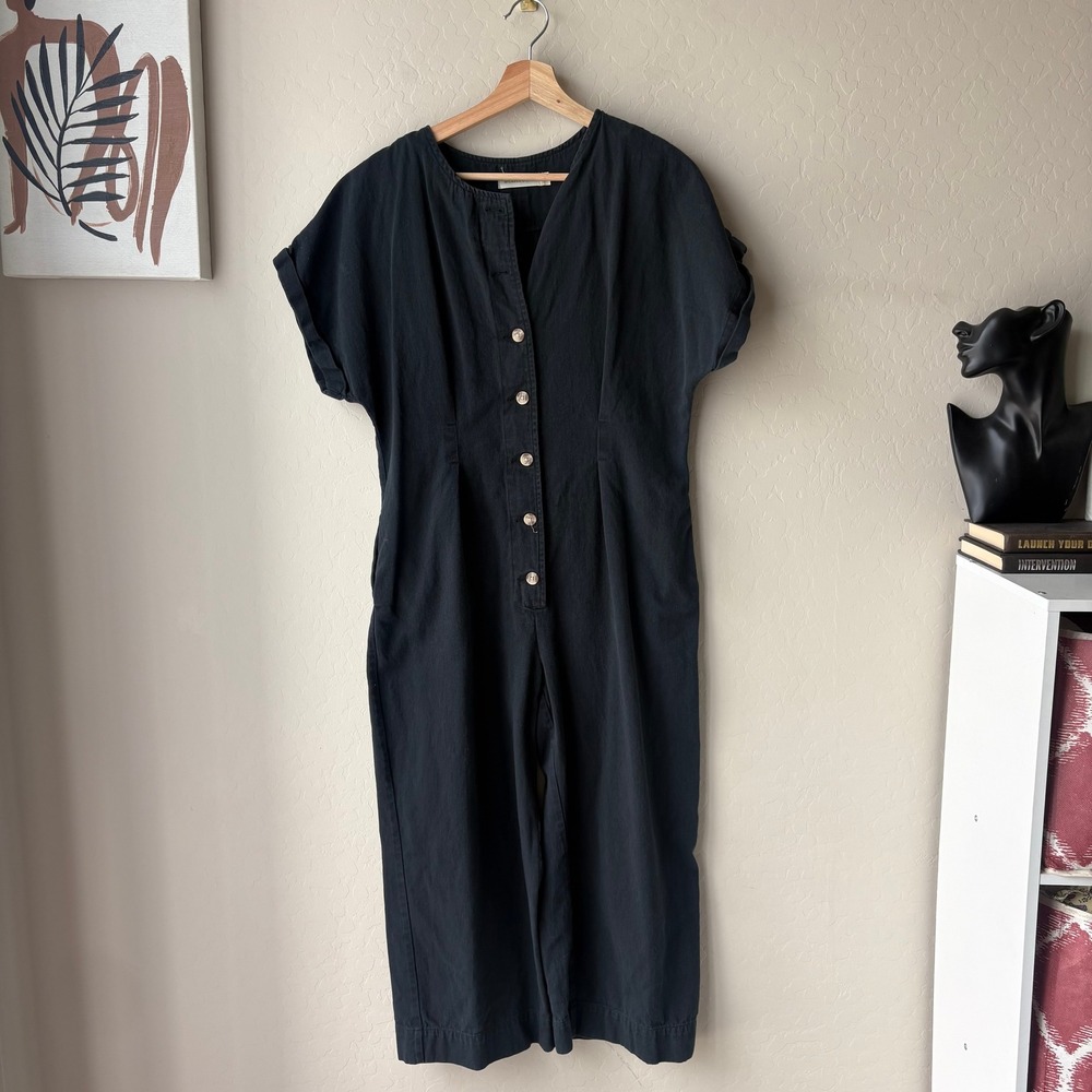 Micaela Greg Jumpsuit Black Cotton Button Front Wide Leg Jumpsuit Size M - Picture 2 of 9